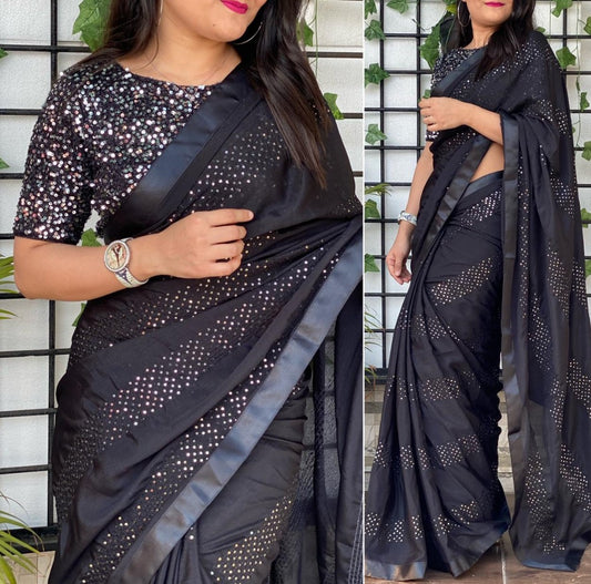 Black chinon silk sequence and thread work party wear saree