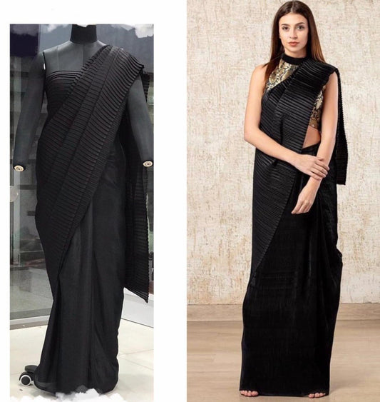 Black chinu pleating work party wear saree