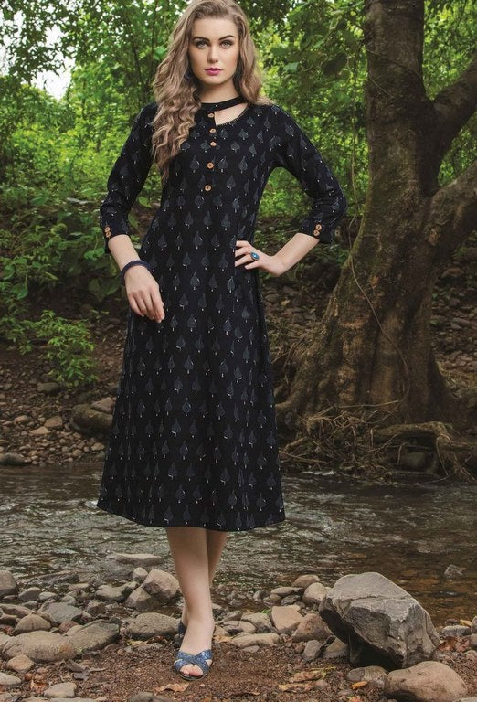 Black Colored Cotton Printed Stitched Kurti