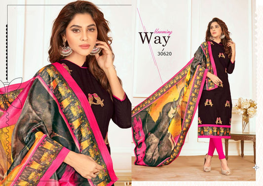 Black Colored Salab cotton Thread Work & Digital Printed Un-Stitched Dress Material