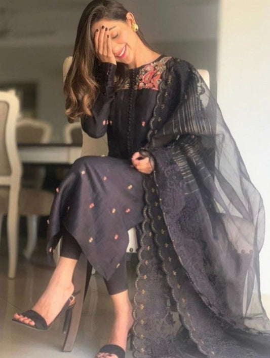 Black cotton embroidered salwar suit