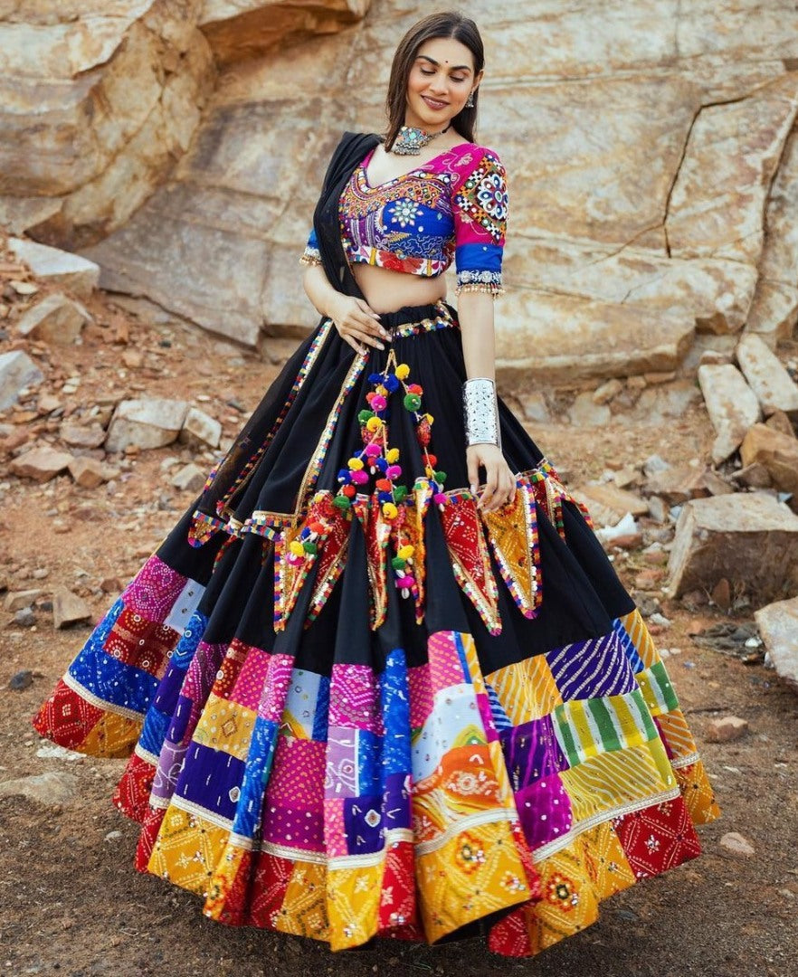 Black cotton mirror work gujarati garba ghagra lehenga chaniya choli