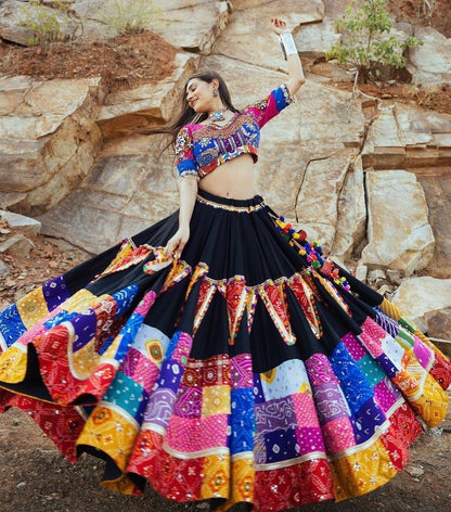 Black cotton mirror work gujarati garba ghagra lehenga chaniya choli