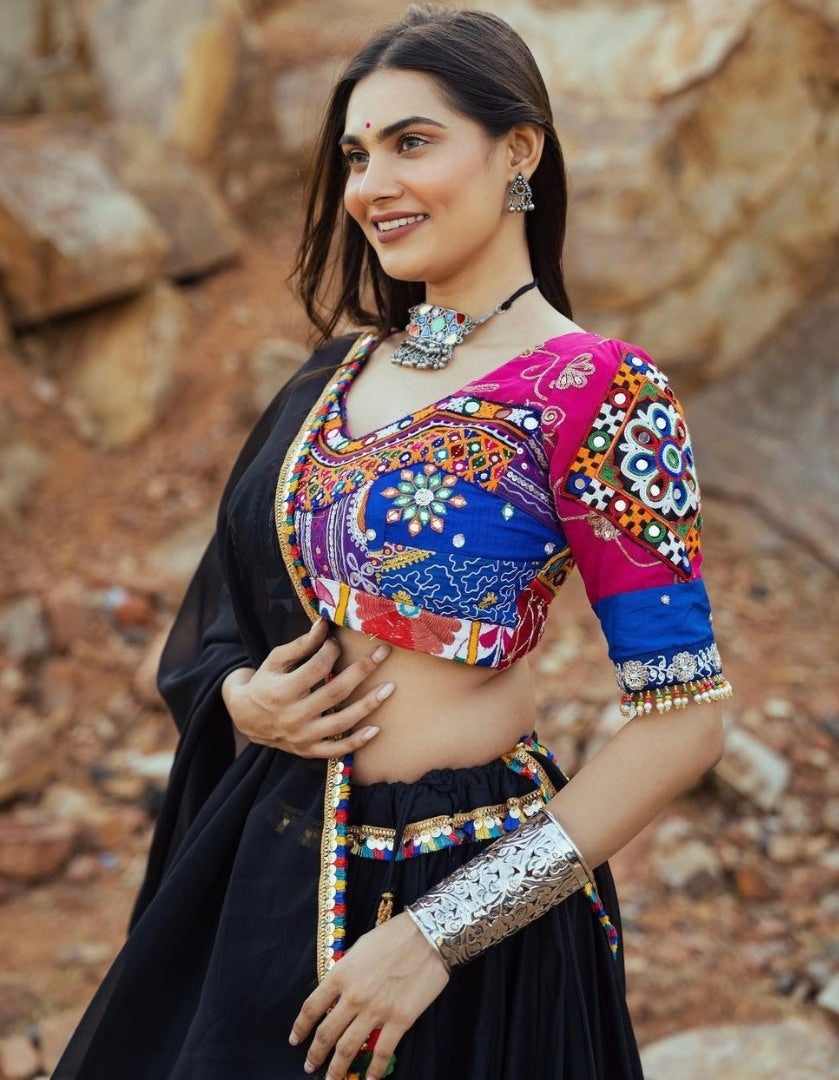Black cotton mirror work gujarati garba ghagra lehenga chaniya choli