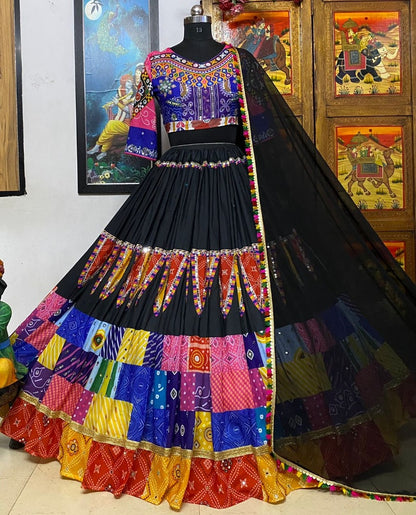Black cotton mirror work gujarati garba ghagra lehenga chaniya choli