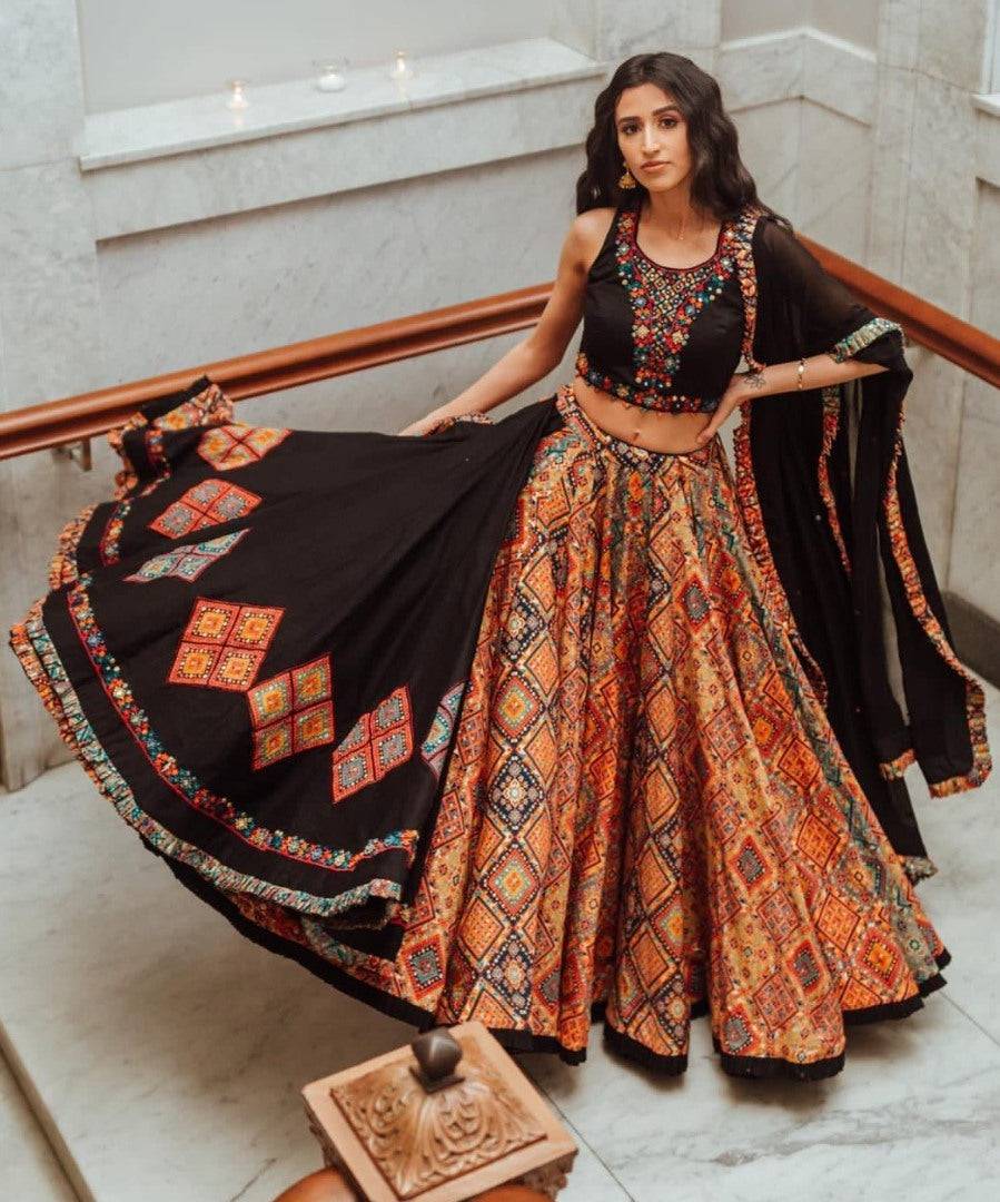 Black cotton print and mirror work gujarati garba ghagra navratri lehenga chaniya choli