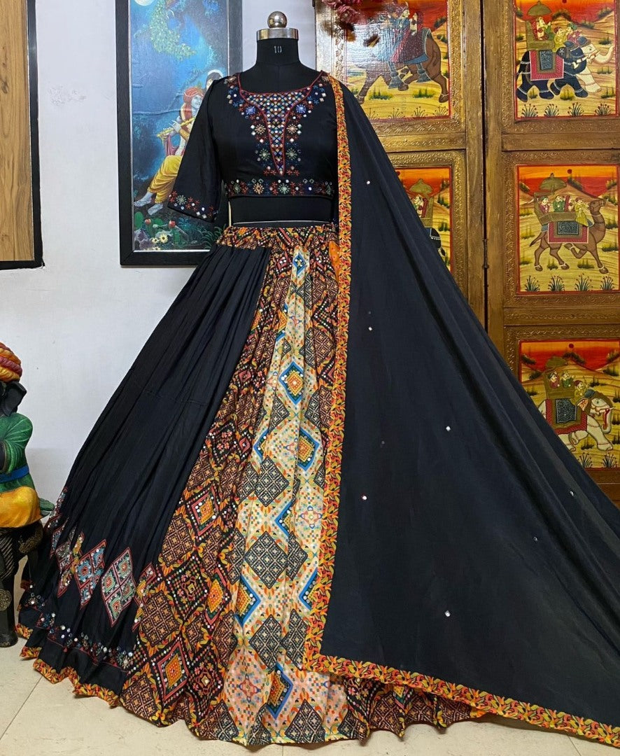 Black cotton print and mirror work gujarati garba ghagra navratri lehenga chaniya choli