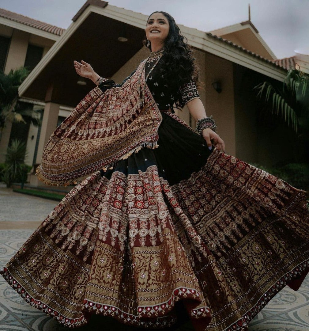 Black cotton print and mirror work gujarati garba navratri lehenga chaniya choli