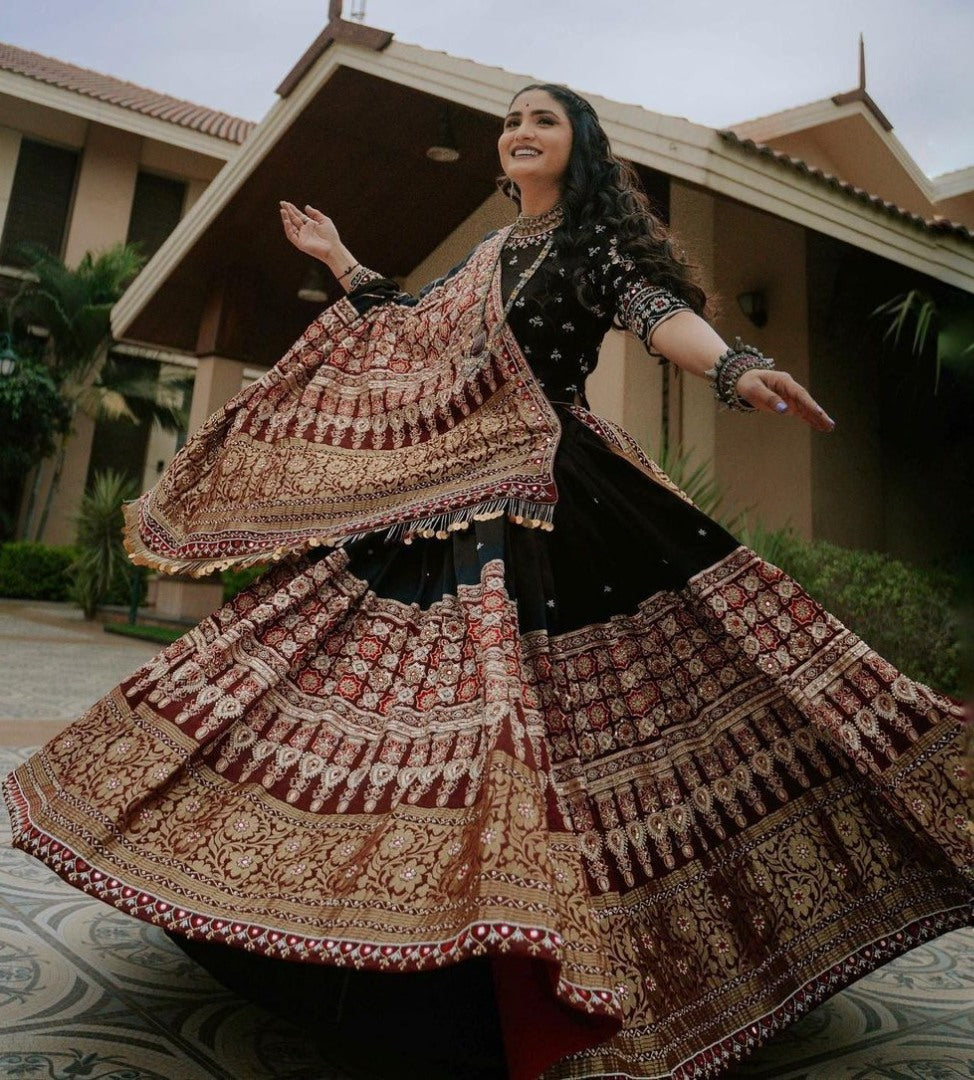Black cotton print and mirror work gujarati garba navratri lehenga chaniya choli