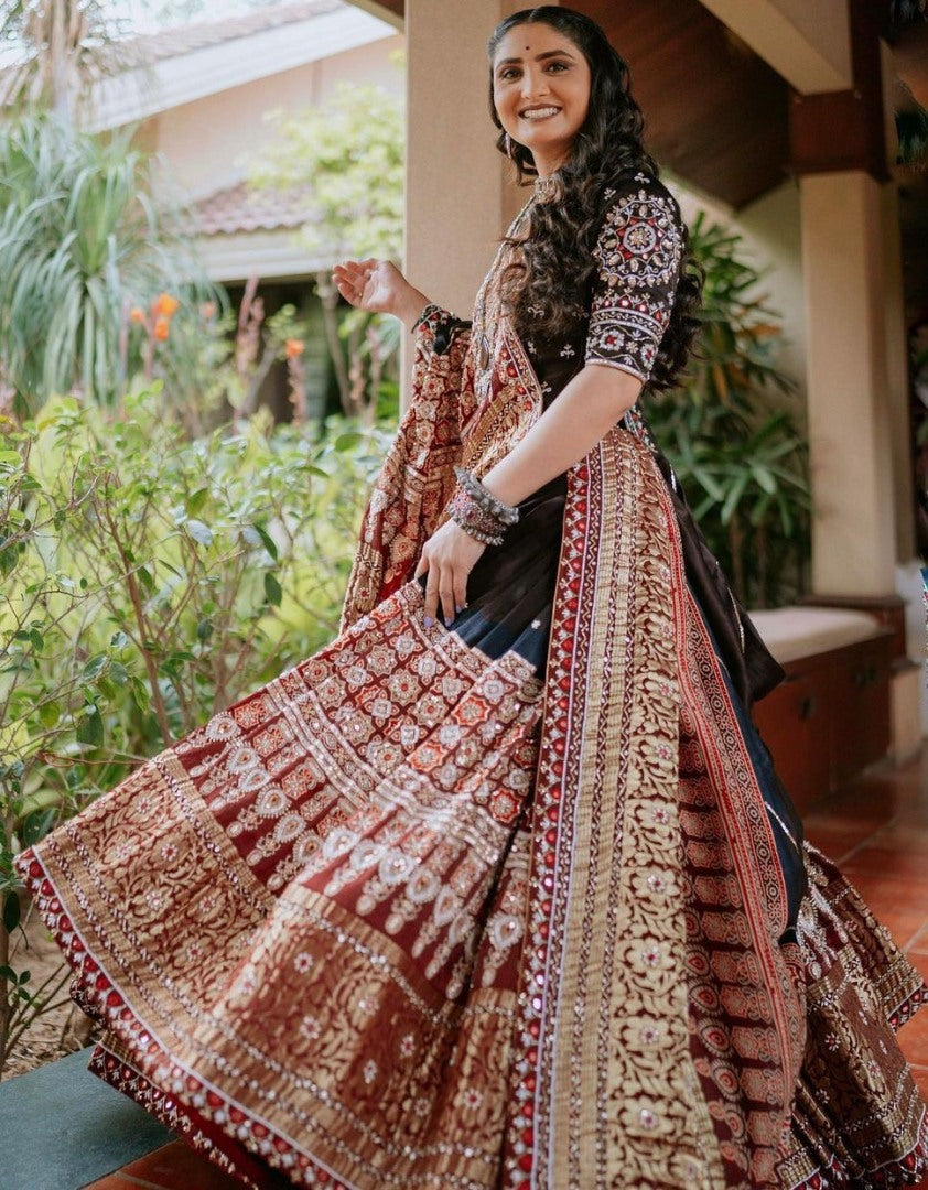 Black cotton print and mirror work gujarati garba navratri lehenga chaniya choli