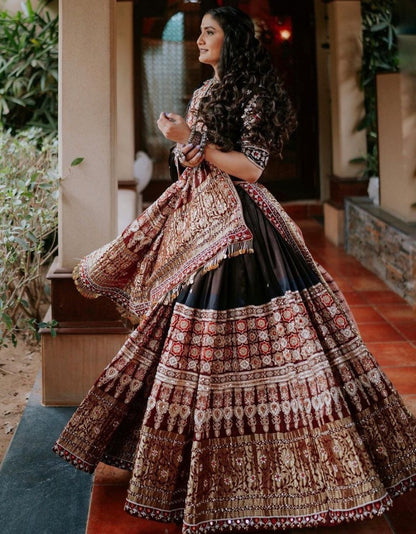 Black cotton print and mirror work gujarati garba navratri lehenga chaniya choli