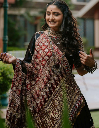 Black cotton print and mirror work gujarati garba navratri lehenga chaniya choli