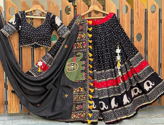 Black cotton printed and mirror work gujarati garba navratri lehenga chaniya choli