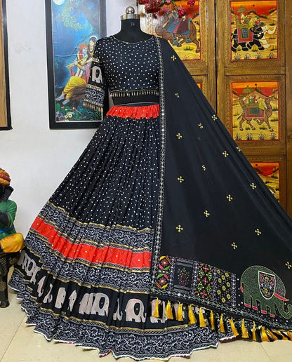 Black cotton printed and mirror work gujarati garba navratri lehenga chaniya choli