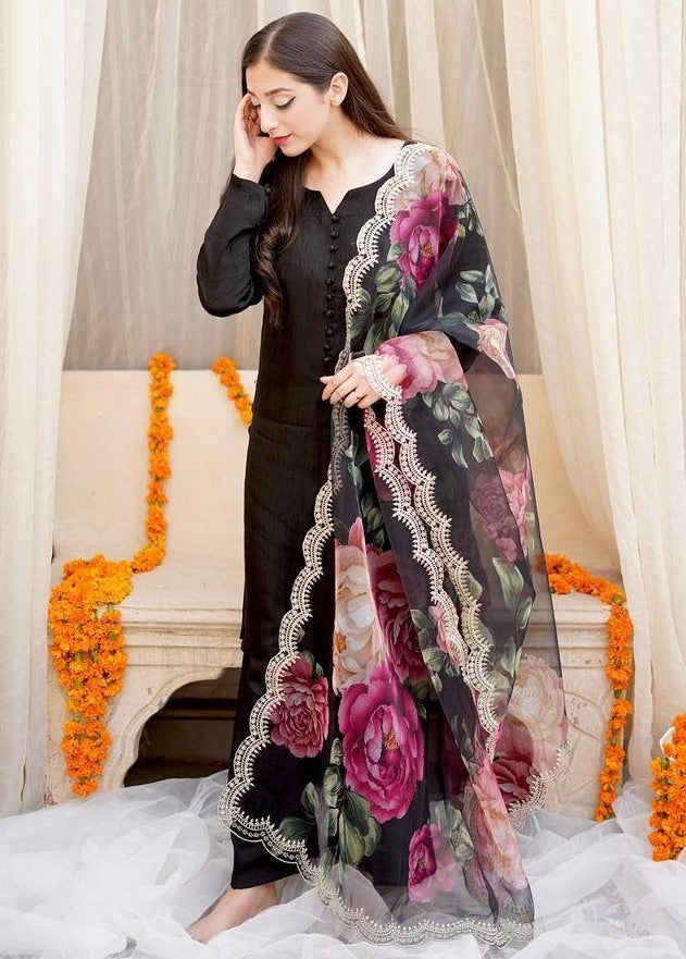 Black cotton silk party wear palazzo suit with printed dupatta