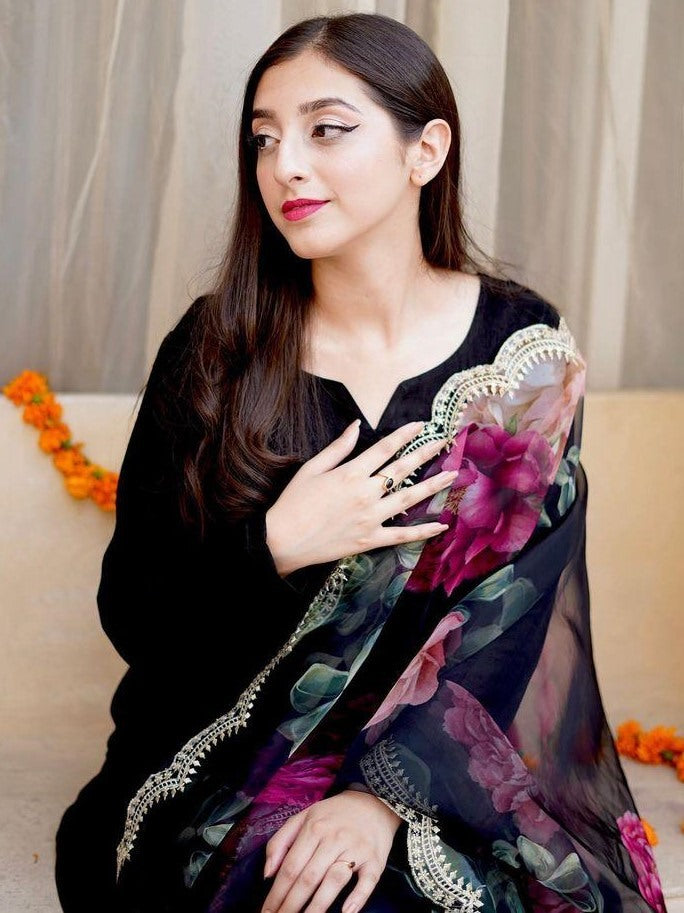 Black cotton silk party wear palazzo suit with printed dupatta