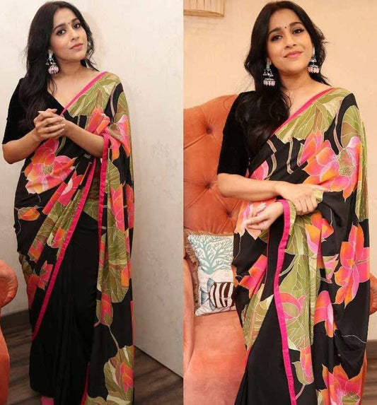 Black crape silk flower digital printed saree