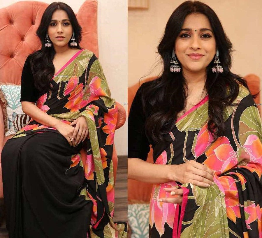 Black crape silk flower digital printed saree