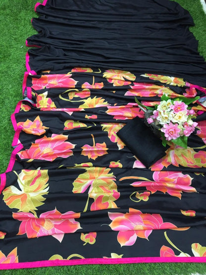 Black crape silk flower digital printed saree