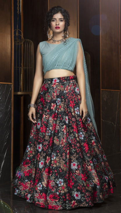 Black crepe embroidered flower printed party wear lehenga choli