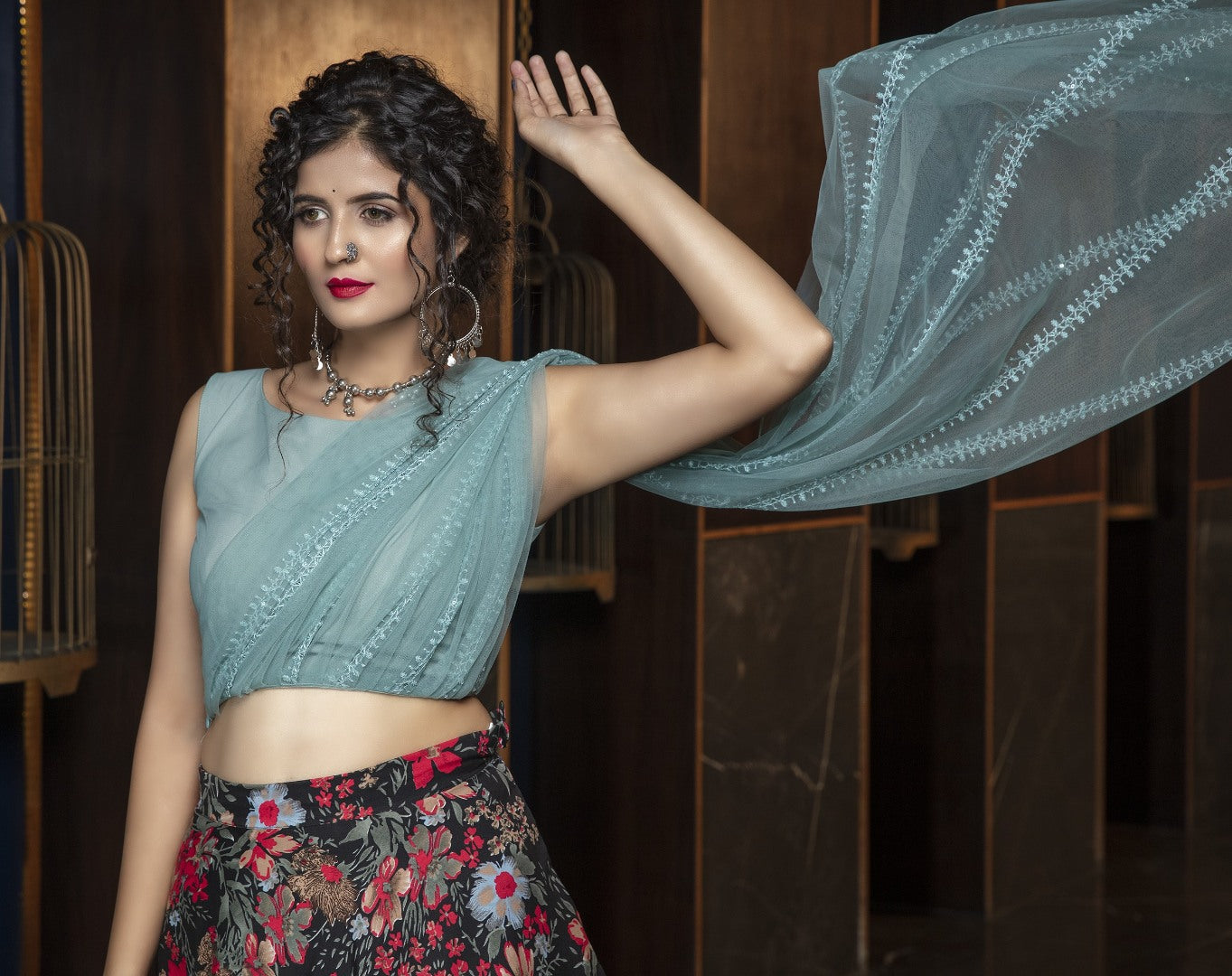 Black crepe embroidered flower printed party wear lehenga choli