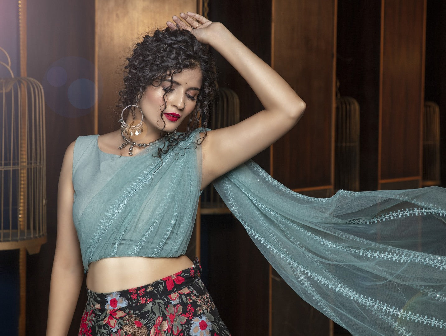 Black crepe embroidered flower printed party wear lehenga choli