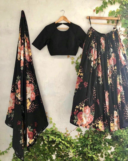 Black crepe floral printed lehenga choli