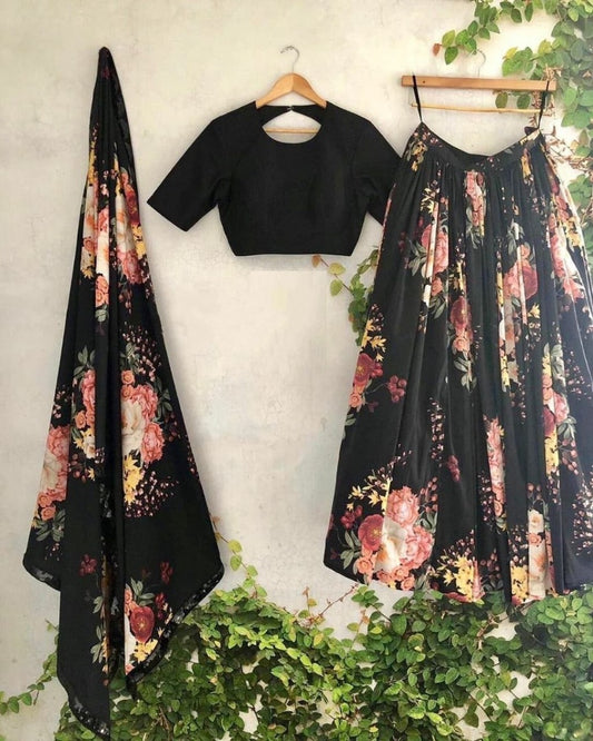 Black crepe floral printed lehenga choli