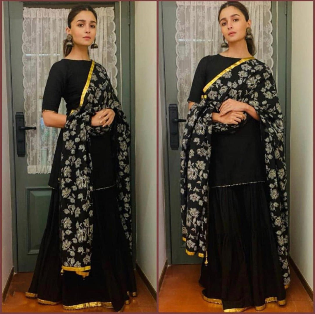 Black crepe sharara suit with printed dupatta