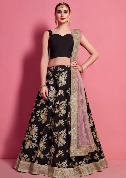 Black crepe silk embroidered work party wear lehenga choli