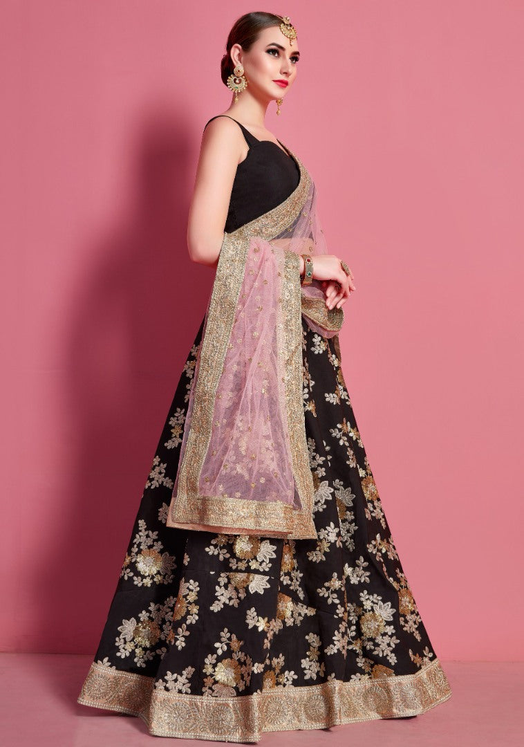 Black crepe silk embroidered work party wear lehenga choli