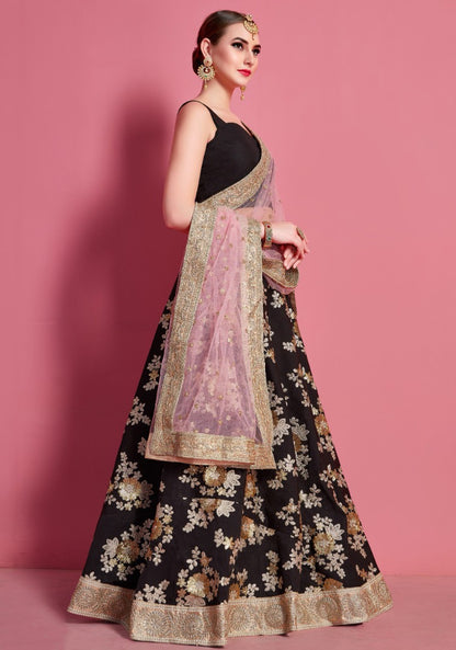 Black crepe silk embroidered work party wear lehenga choli