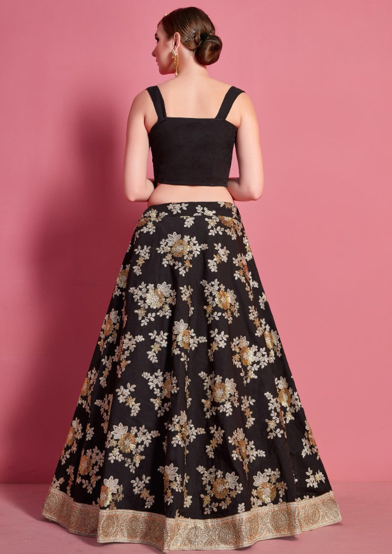 Black crepe silk embroidered work party wear lehenga choli