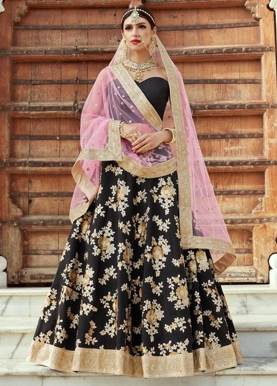 black crepe silk heavy embroidered bridal lehenga