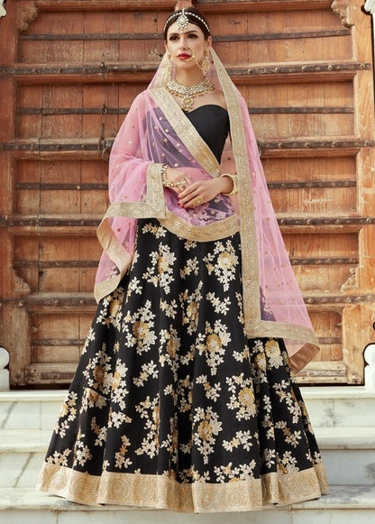 black crepe silk heavy embroidered bridal lehenga