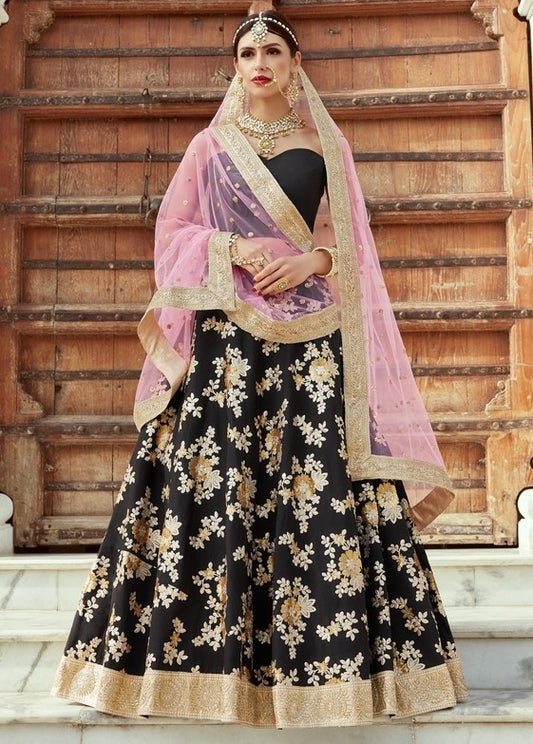 black crepe silk heavy embroidered bridal lehenga