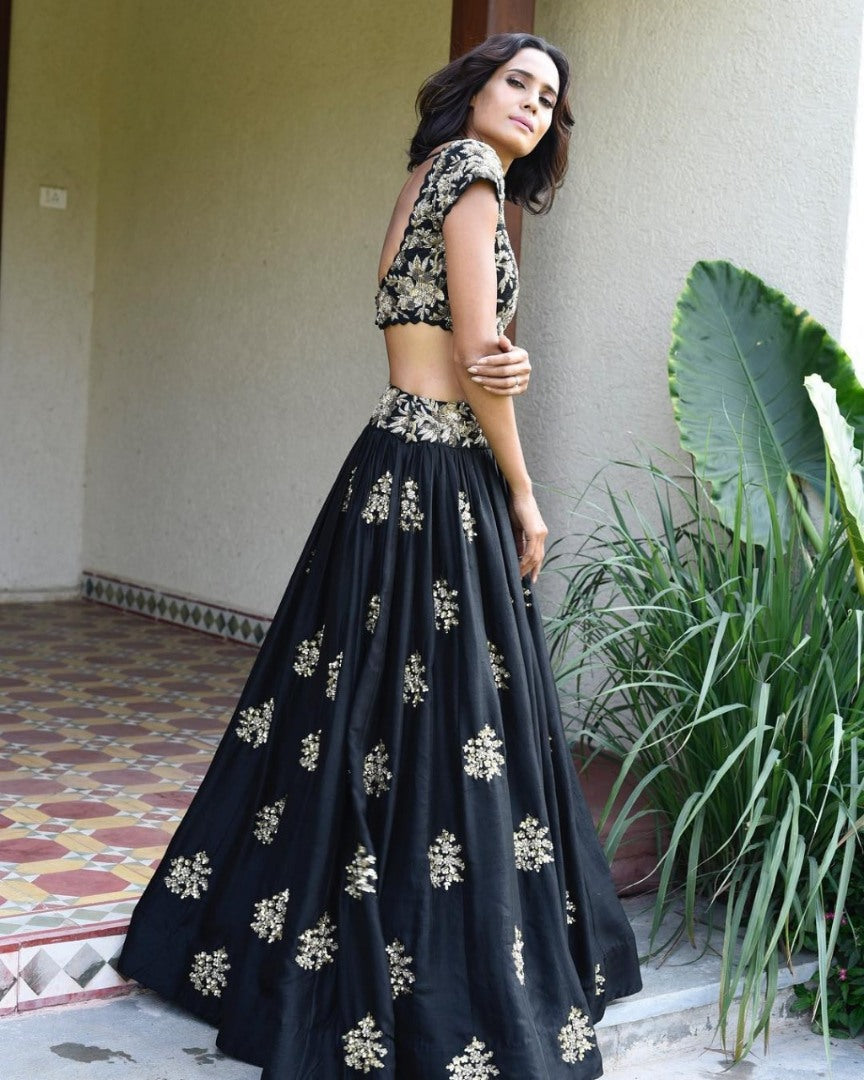 Black diamond silk embroidered lehenga choli