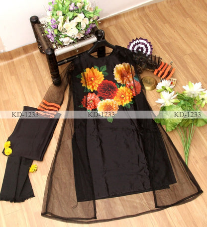 Black digital flower printed suit with shrug