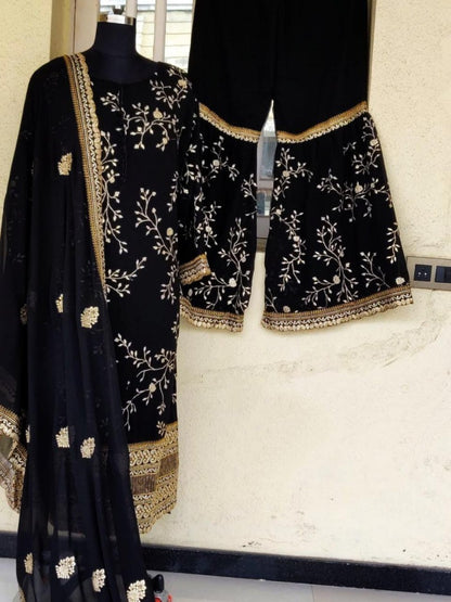 Black faux georgette designer emboridered wedding plazzo salwar suit