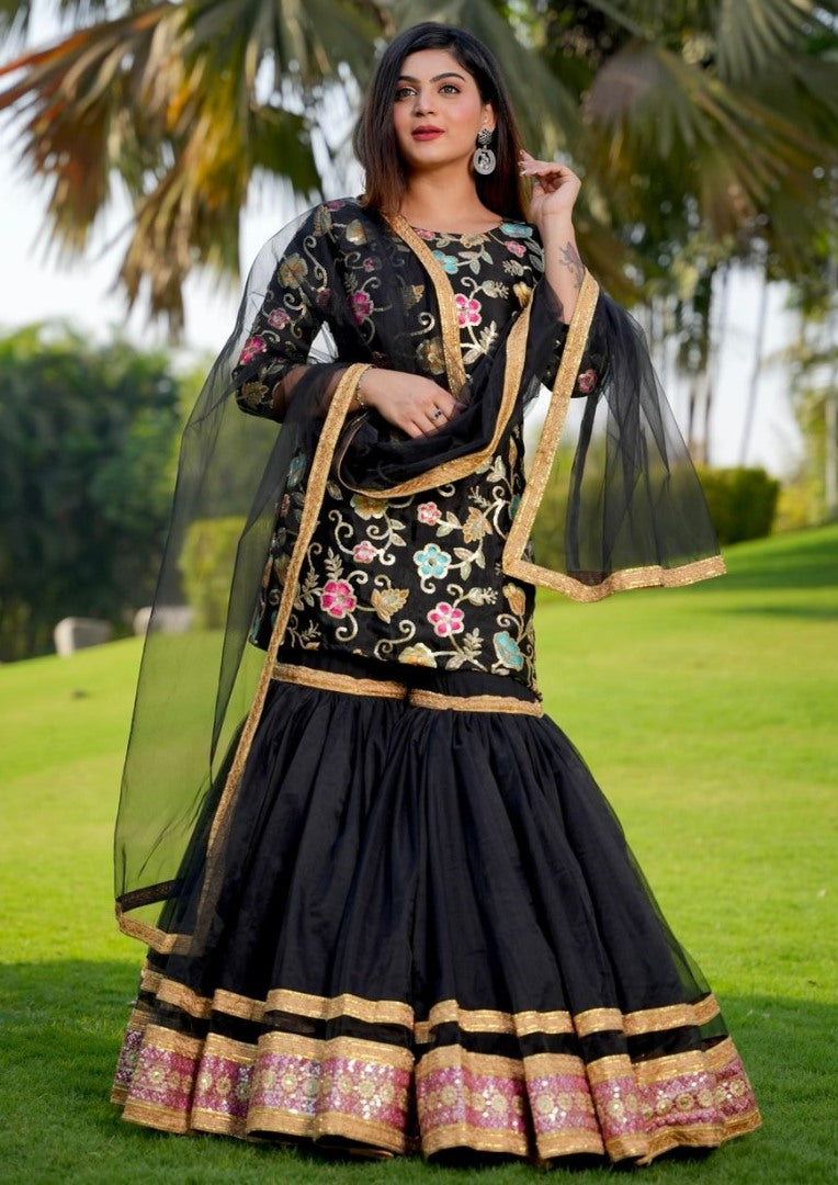 Black finon silk heavy embroidered sharara suit