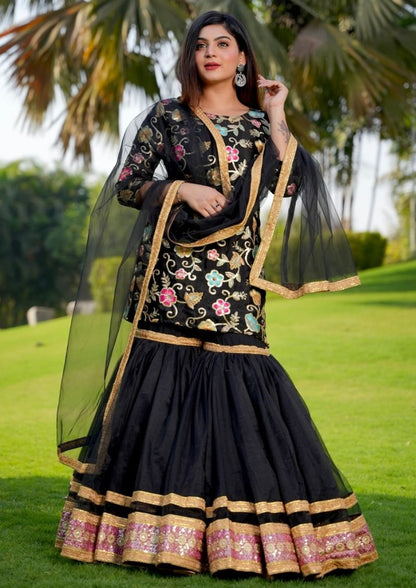 Black finon silk heavy embroidered sharara suit