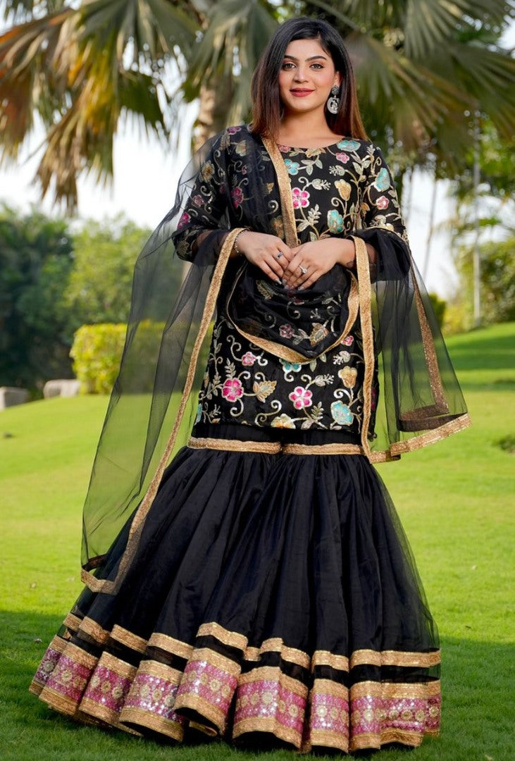 Black finon silk heavy embroidered sharara suit