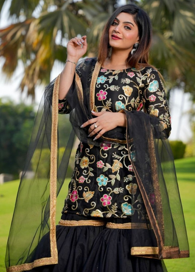 Black finon silk heavy embroidered sharara suit