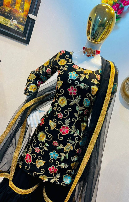 Black finon silk heavy embroidered sharara suit