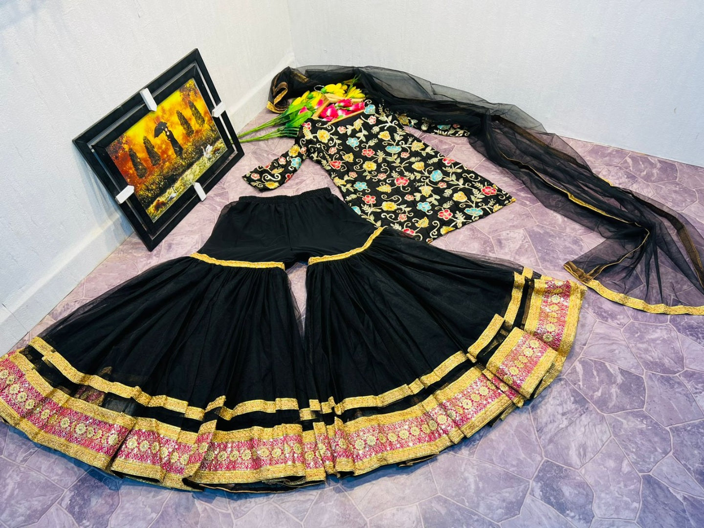 Black finon silk heavy embroidered sharara suit