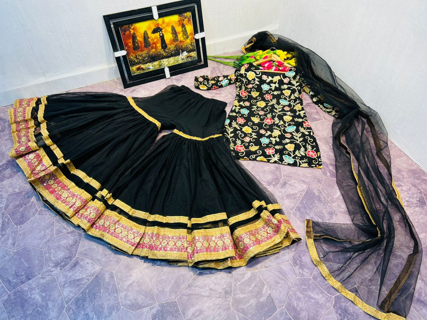 Black finon silk heavy embroidered sharara suit