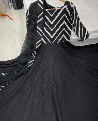Black flax cotton with embroidered work party wear gown