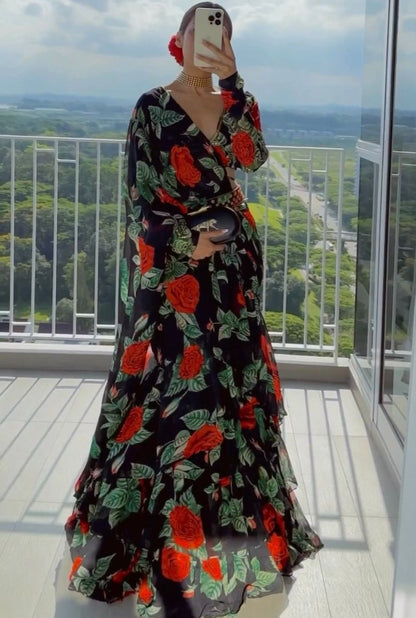 Black floral printed designer ruffle saree with belt