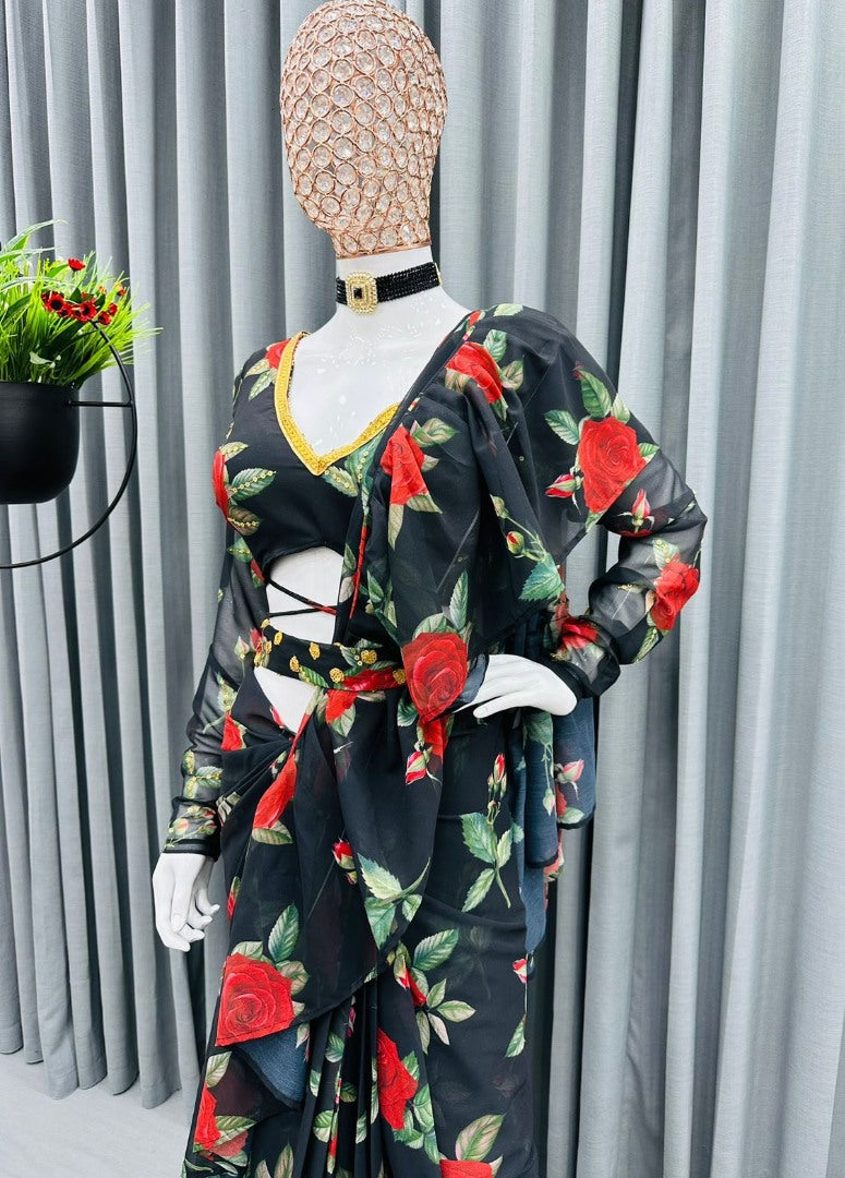 Black floral printed designer ruffle saree with belt