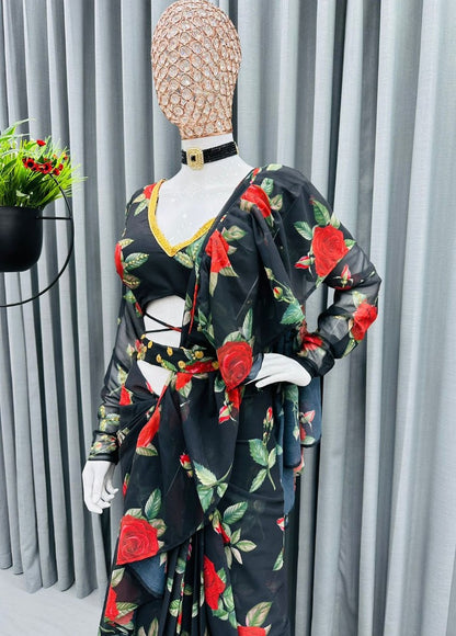 Black floral printed designer ruffle saree with belt